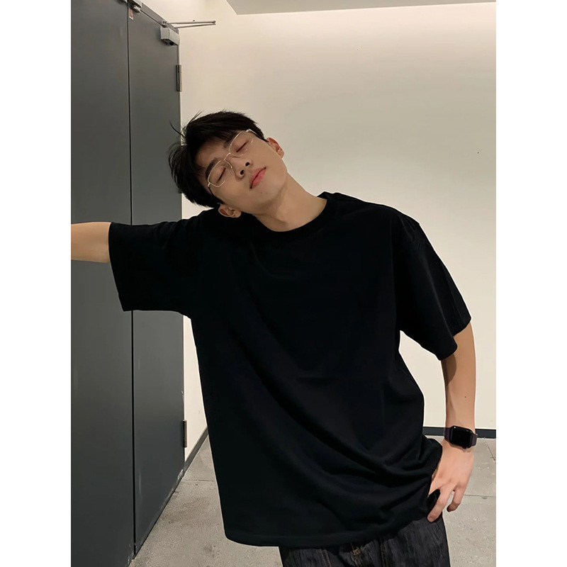 黑色重磅正肩t恤美式复古少年感纯棉短袖男夏季小领口内搭五分袖详情4