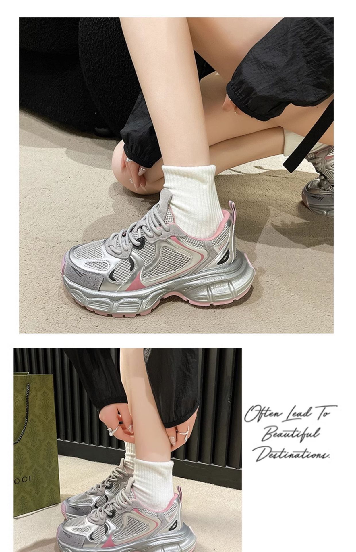 老爹鞋女2025春季新款厚底圆头网面休闲女鞋银色潮牌时尚运动鞋详情17