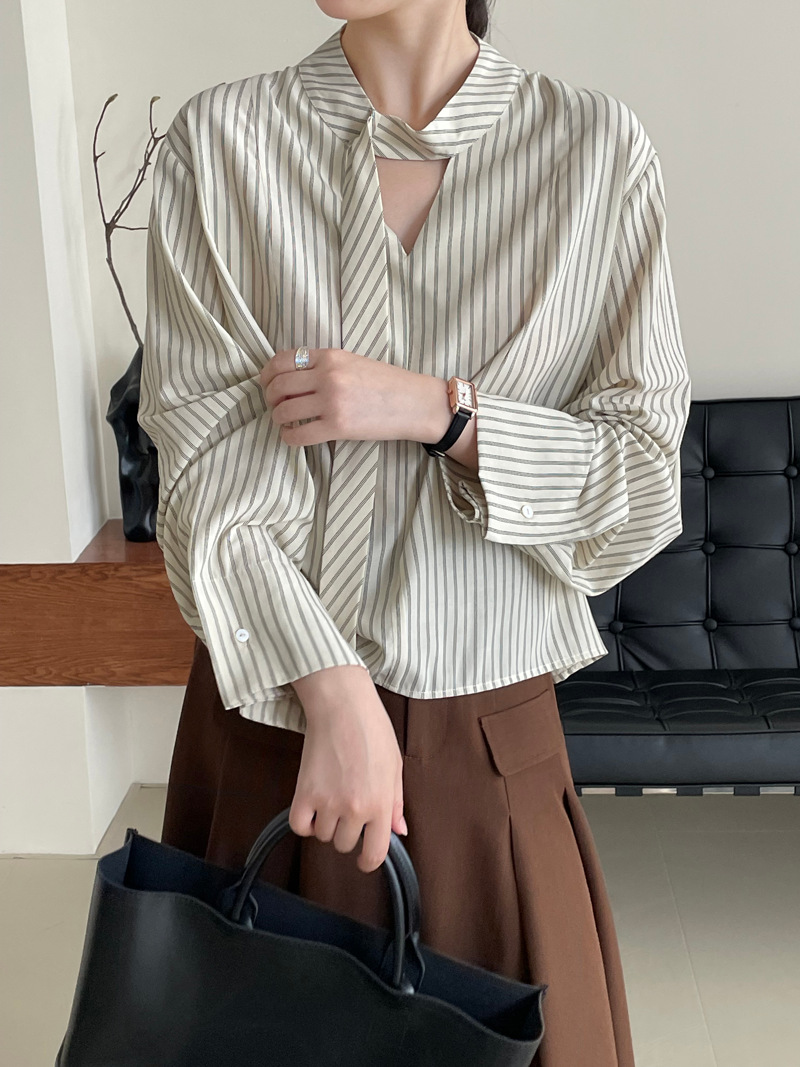 滔川  韩系高级感飘带领条纹衬衫女秋季独特别致时尚长袖上衣2588详情15
