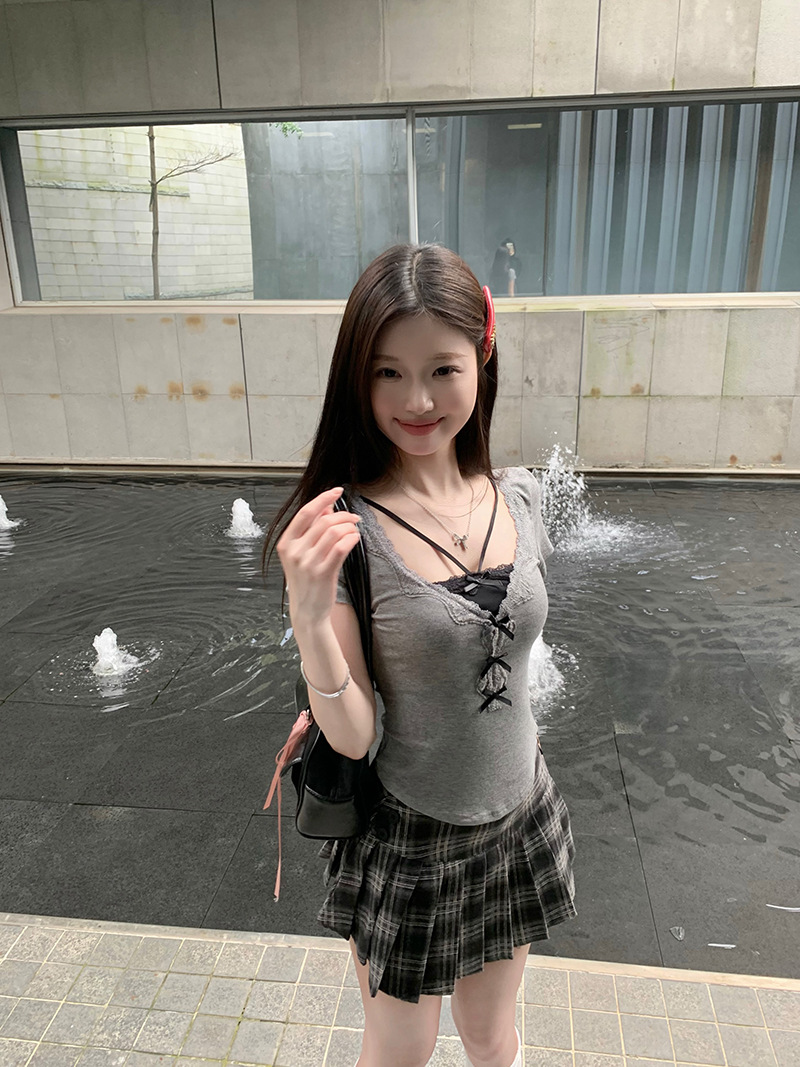 ins性感纯欲假两件V领蝴蝶结短袖T恤夏季修身显瘦辣妹打底上衣女T详情10