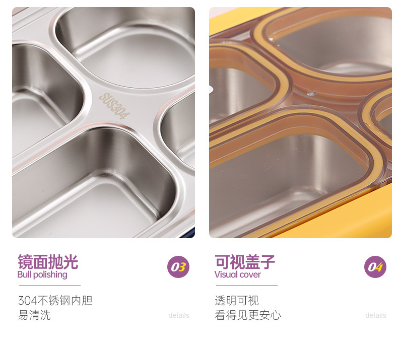 Simple Japanese-style four-compartment lunch box with bowl, 304 stainless steel sealed lunch box, portable lunch box for students and office workers, with spoons and chopsticks pic 17