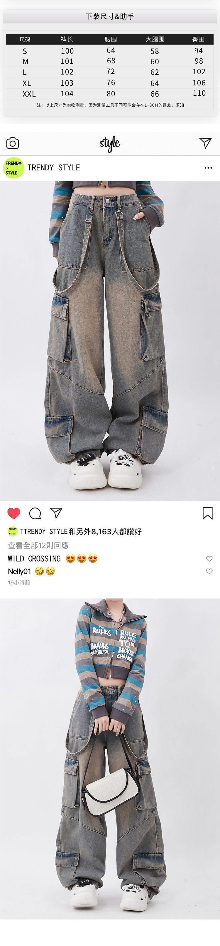 牛仔裤女秋季穿搭欧美复古工装裤做旧口袋设计直筒拖地长裤牛仔布详情1