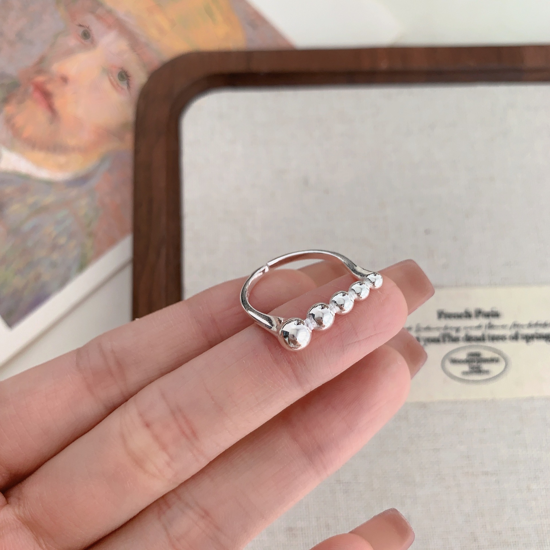 Korean version S925 sterling silver 11.20ins niche design sense round bead ring, Korean fashionable INS style texture ring, adjustable pic 6