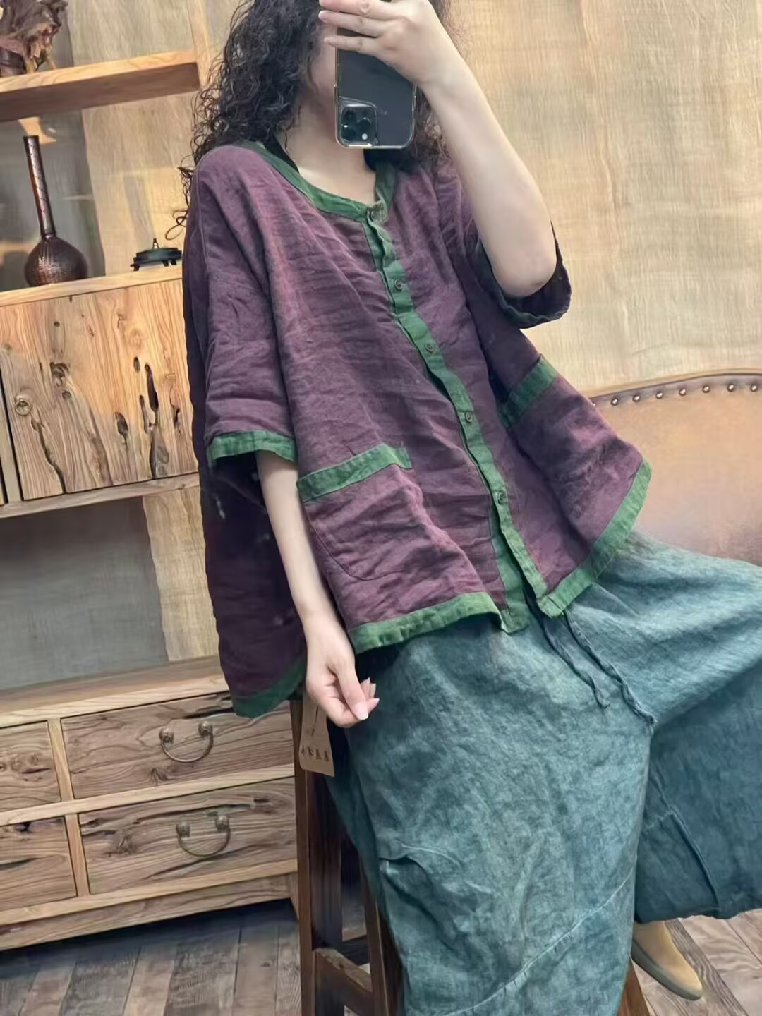025夏款韩版时尚宽松休闲无领净版短袖衬衫女开衫详情3