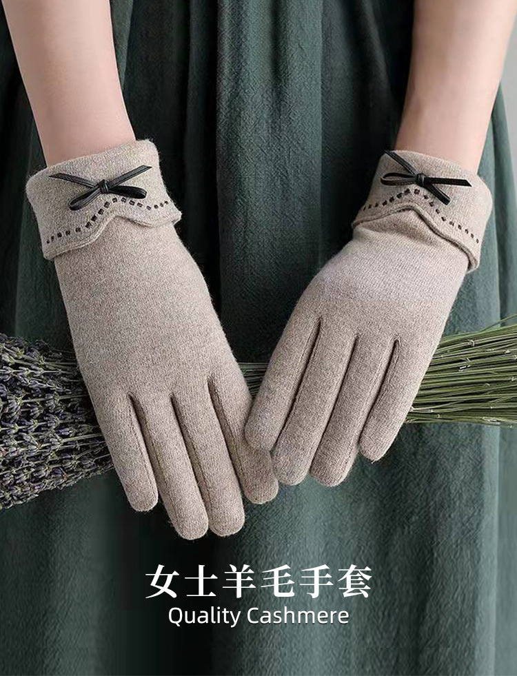 羊绒手套女士冬天加厚加绒可爱蝴蝶结骑开车防寒保暖触屏羊毛手套详情1