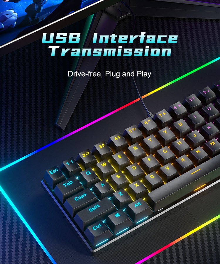 Special offer: Cross-border BD61 wired mechanical keyboard with red, blue and tea switches mixed optical gaming 61-key mechanical keyboard pic 10