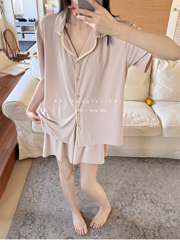 A two-piece set of casual wear for women in the original color ice leather, a summer pajama set with a cool and contrasting color, featuring new short-sleeved shirts and shorts pic 22