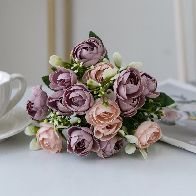 仿真5叉玫瑰小茶苞花束婚庆手捧花假花简约家居客厅餐桌摆设花艺详情11