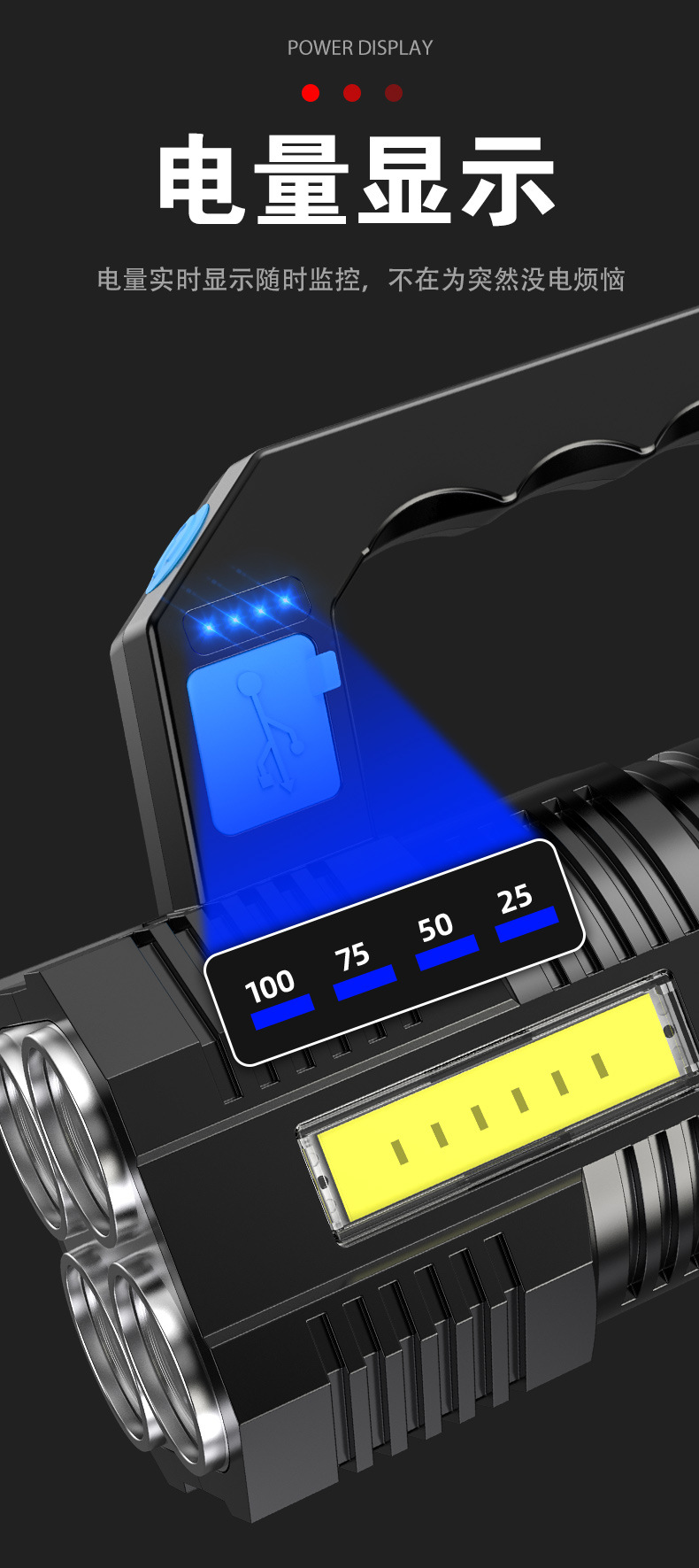 新款手电筒手提式多功能探照灯远射强光充电户外钓鱼野营照明防水详情6