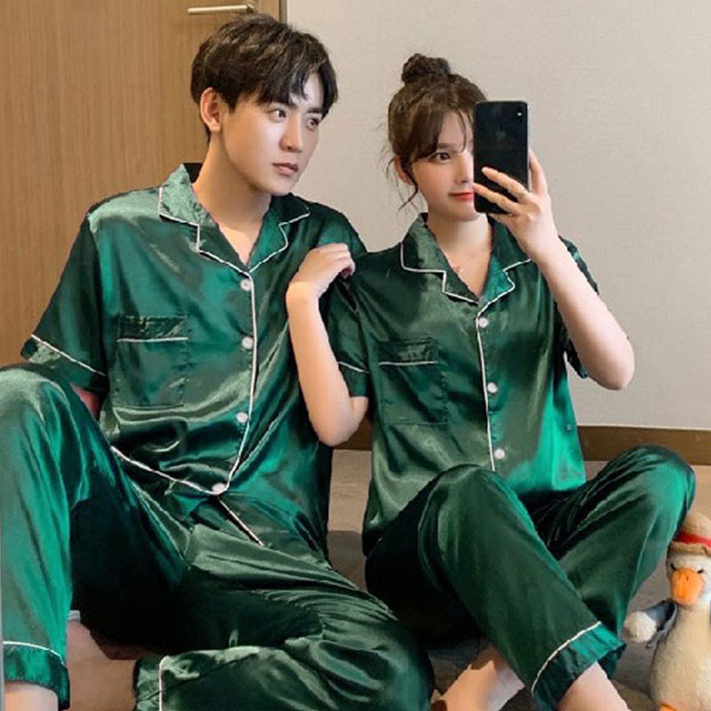 A wholesale set of short-sleeved couple pajamas for spring and autumn, featuring solid ice silk color faux silk for both men and women, can be worn as outerwear for home wear pic 5