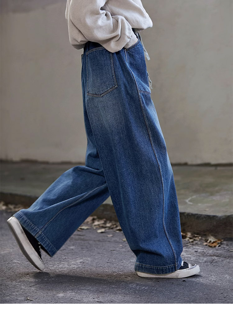 2025新款秋冬海蓝色纯棉加厚宽松休闲文艺阔腿裤松紧腰弯刀牛仔裤详情1