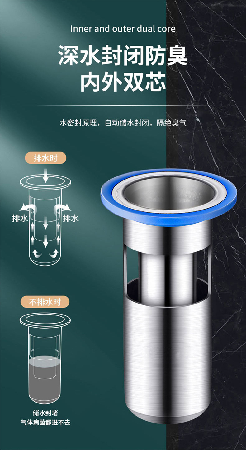 地漏防臭器下水道堵口器防臭盖不锈钢内芯卫生间防虫防反味神器详情3