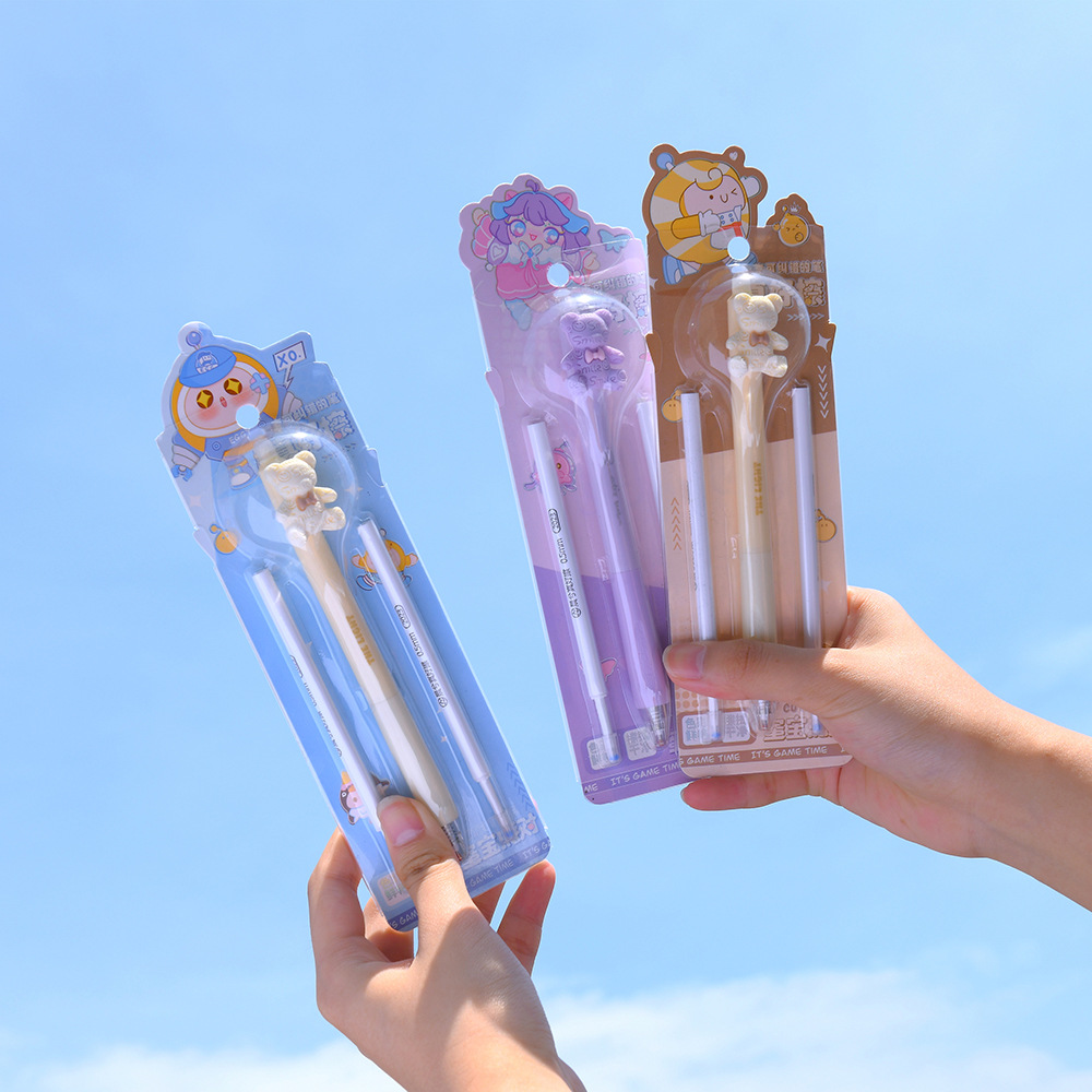 Chenxi Egg Treasure Party Bear Press Erasable Pen 1+2 Set Blue Pen core ST Pen Tip 0.5mm smooth writing pic 3