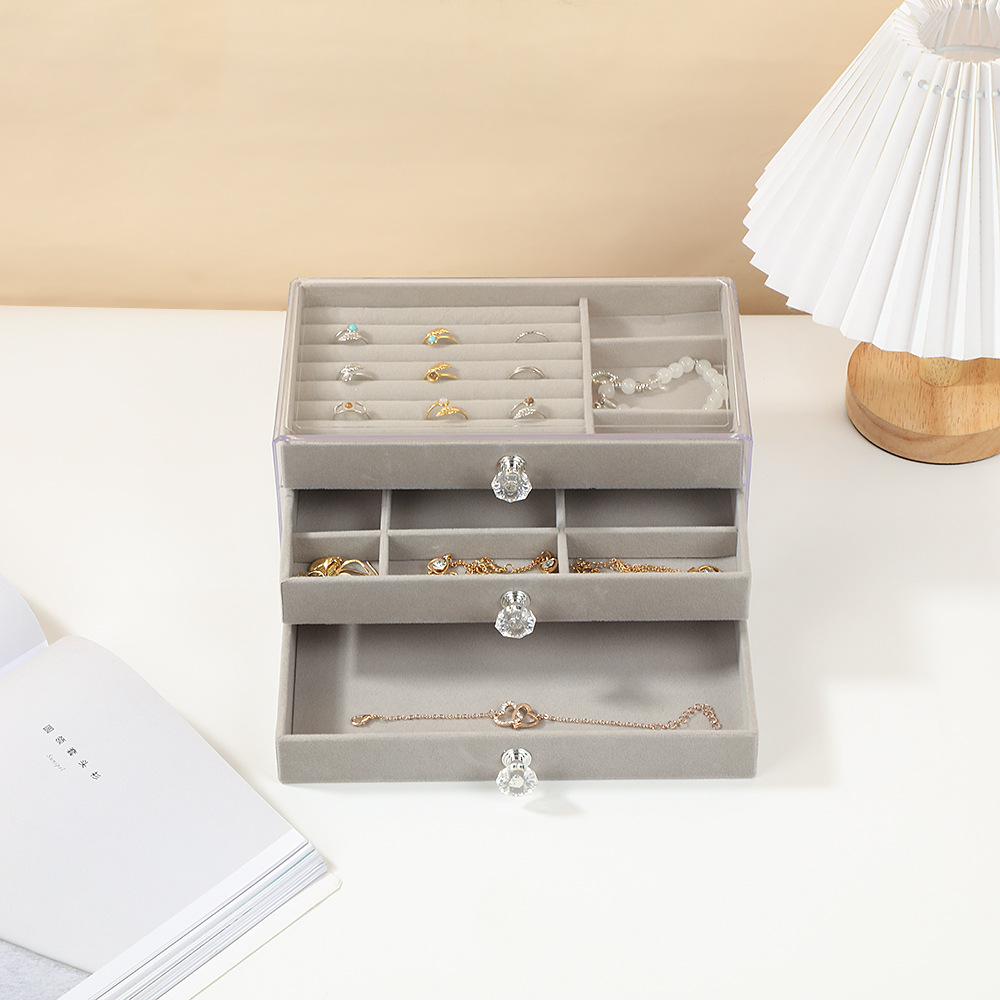 三层三抽首饰盒桌面防氧化耳钉项链戒指收纳盒高档绒布防尘饰品盒详情8
