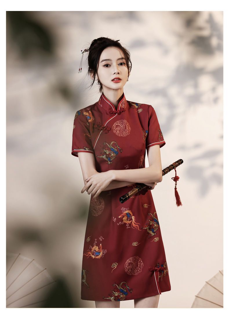 国潮旗袍2024年新款女夏季红色年轻款法式复古中国风改良版连衣裙短款详情9