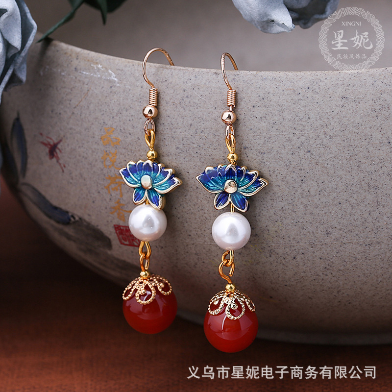 古风玉髓红玛瑙s925银耳环长款荷花气质民族风耳坠百搭耳饰耳环女详情4