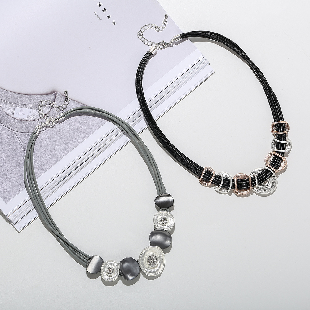 短项链亚马逊爆款欧美时尚流行多股皮绳短链女式金属外贸锁骨链详情7