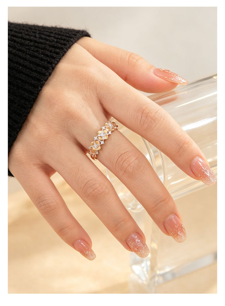 A niche and high-end two-color gold flower open ring, made of copper alloy, real gold electroplated, brushed and zirconium-inlaid adjustable ring pic 7