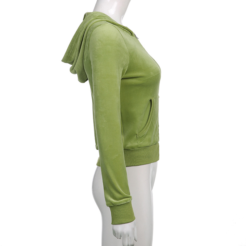 Solid color velvet slim sports suit zipper hood pic 28