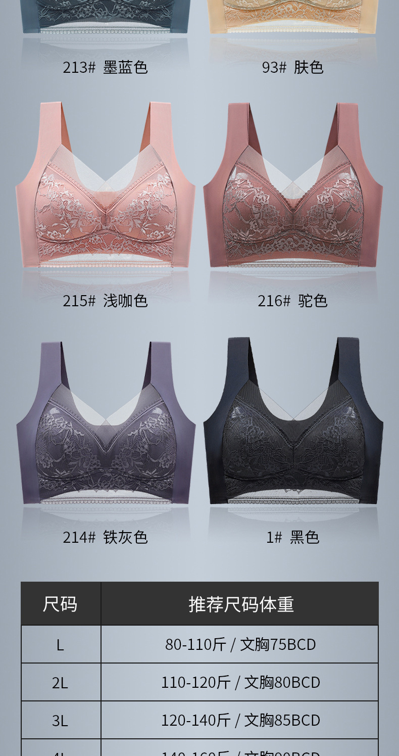 跨境蕾丝大码背心无痕冰丝聚拢透气薄款文胸美背大胸显小固定内衣详情15