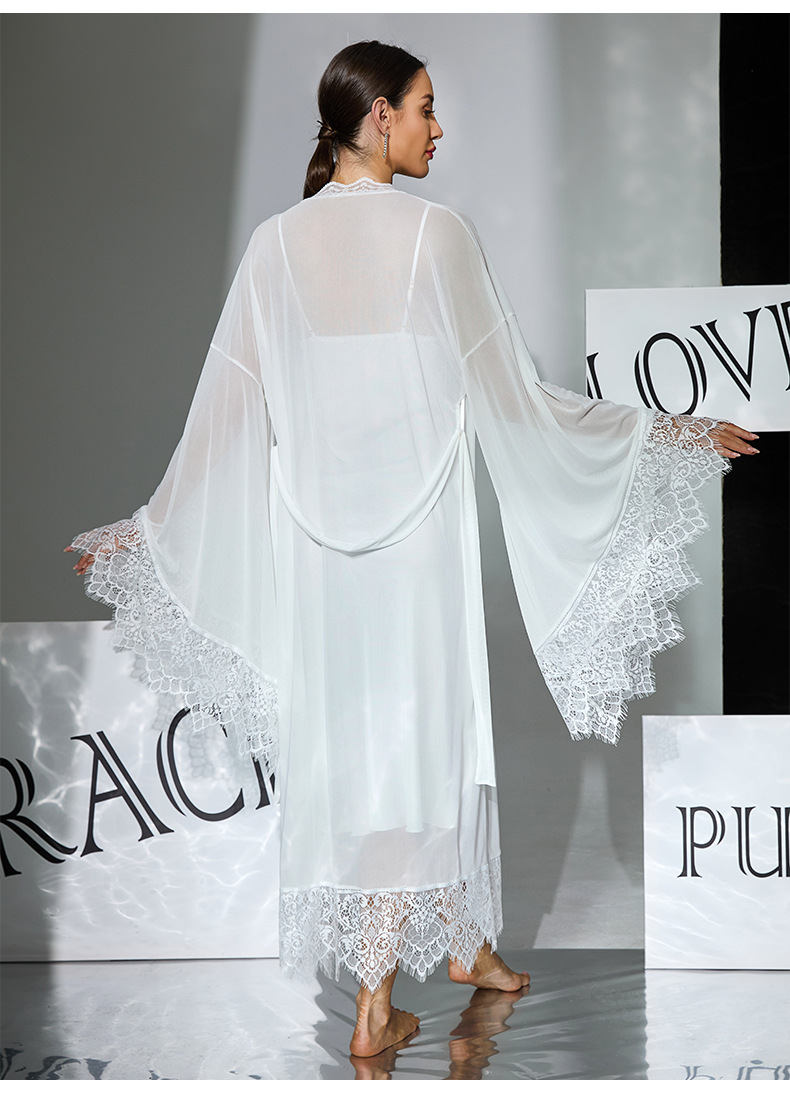 Two-piece set of white satin halter sleeping dress for export, detachable chest cushion mesh lace flared sleeve outer robe 1182 pic 8