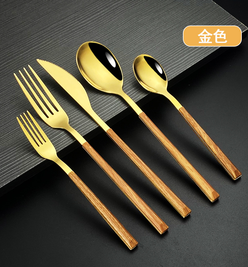 批发不锈钢仿木柄刀叉勺西餐餐具日式餐具牛排刀叉五件套木纹餐具详情6