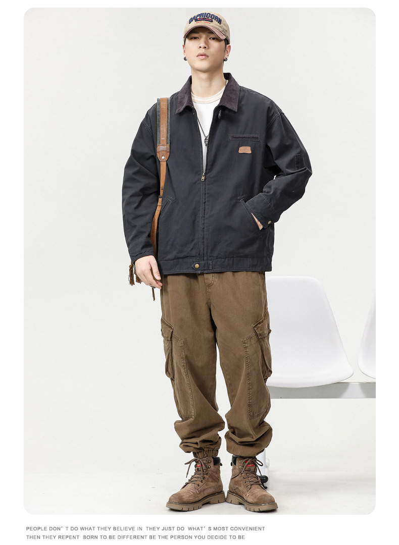 沐丘男装∣潮牌山系户外翻领宽松工装夹克男高级感珠帆布美式外套详情14