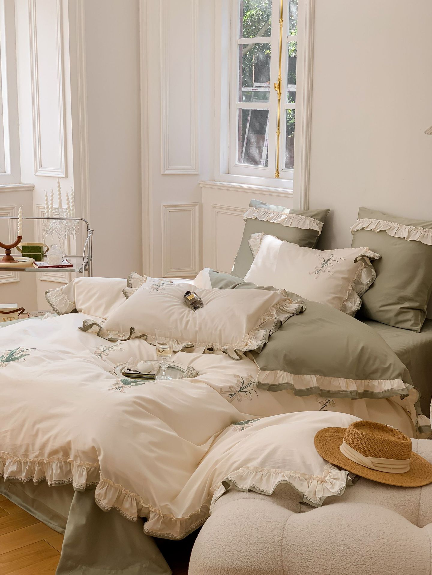 Classical embroidery double-piece natural color fabric with ruffled edges and rounded corners, 100S Australian cotton double-strand Gongbrocade, long-staple cotton four-piece set pic 5