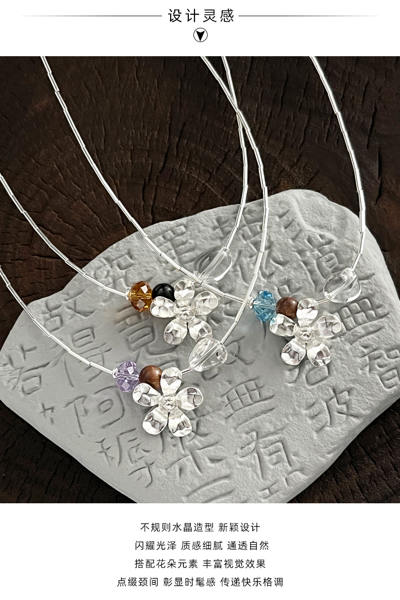 925 sterling silver irregular crystal flower sandalwood necklace for women, simple, light luxury, fashionable and individual collarbone chain N0992 pic 9