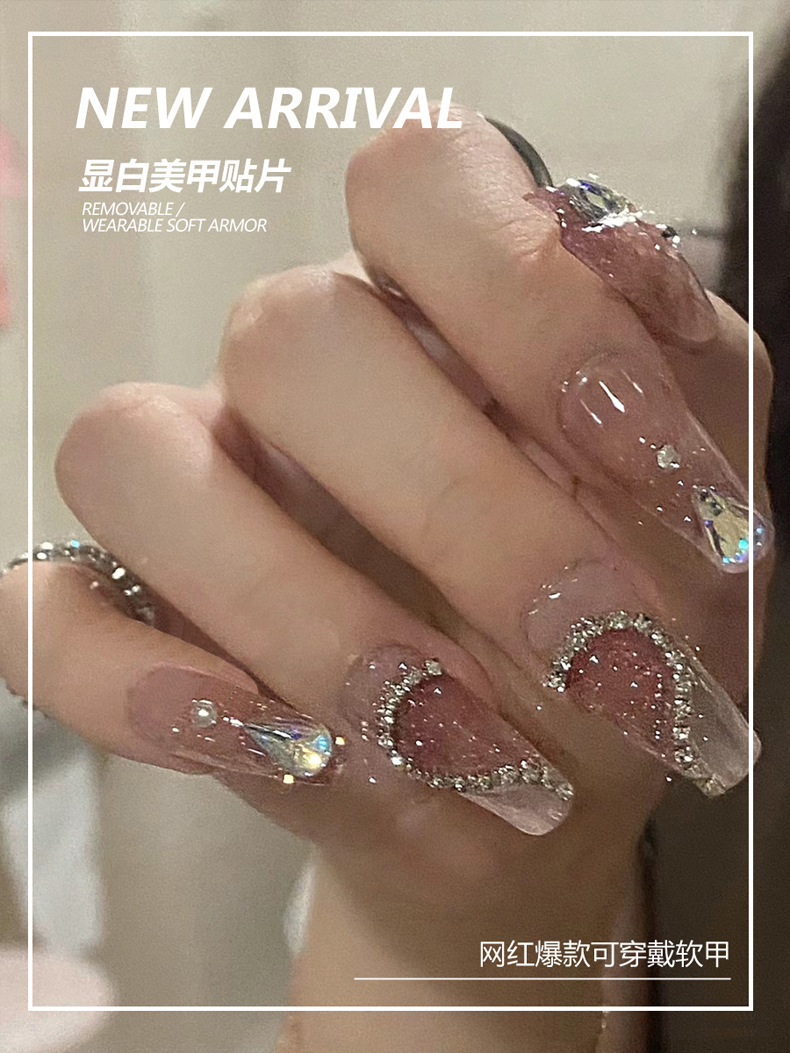 Wholesale of handcrafted wearable nails for Internet celebrities, medium and long heart-shaped diamond nail nail plates, nail patches, false nails, jelly glue pic 4