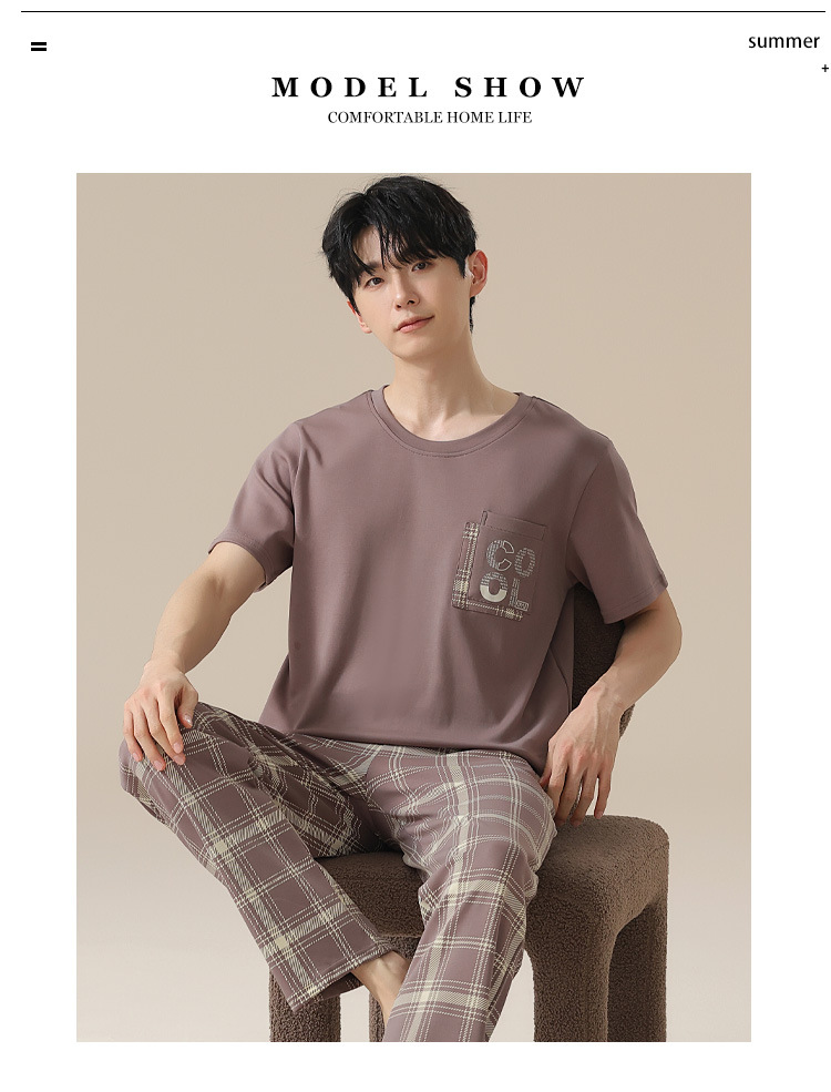 Summer pure cotton pajamas for men, cartoon casual short-sleeved shirts and long pants, pure cotton comfortable home wear, summer youth student set pic 28