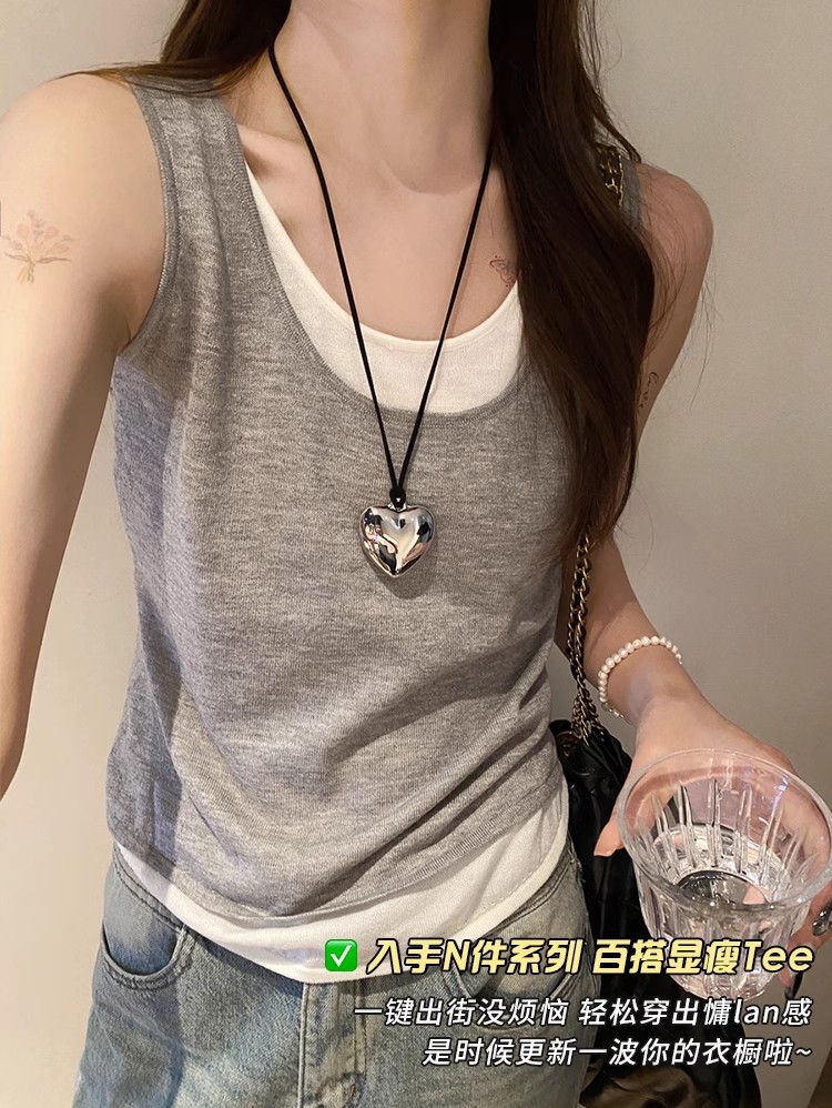 新款慵懒风撞色宽松背心假两件吊带小背心夏季女装内搭夏外穿上衣详情4