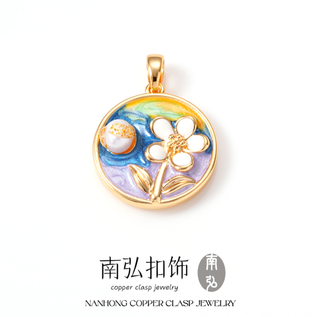 Oil-dripping flower oil painting style pendant, 18k copper gold-plated color retention high-end bracelet, necklace clasp DIY accessory pic 2