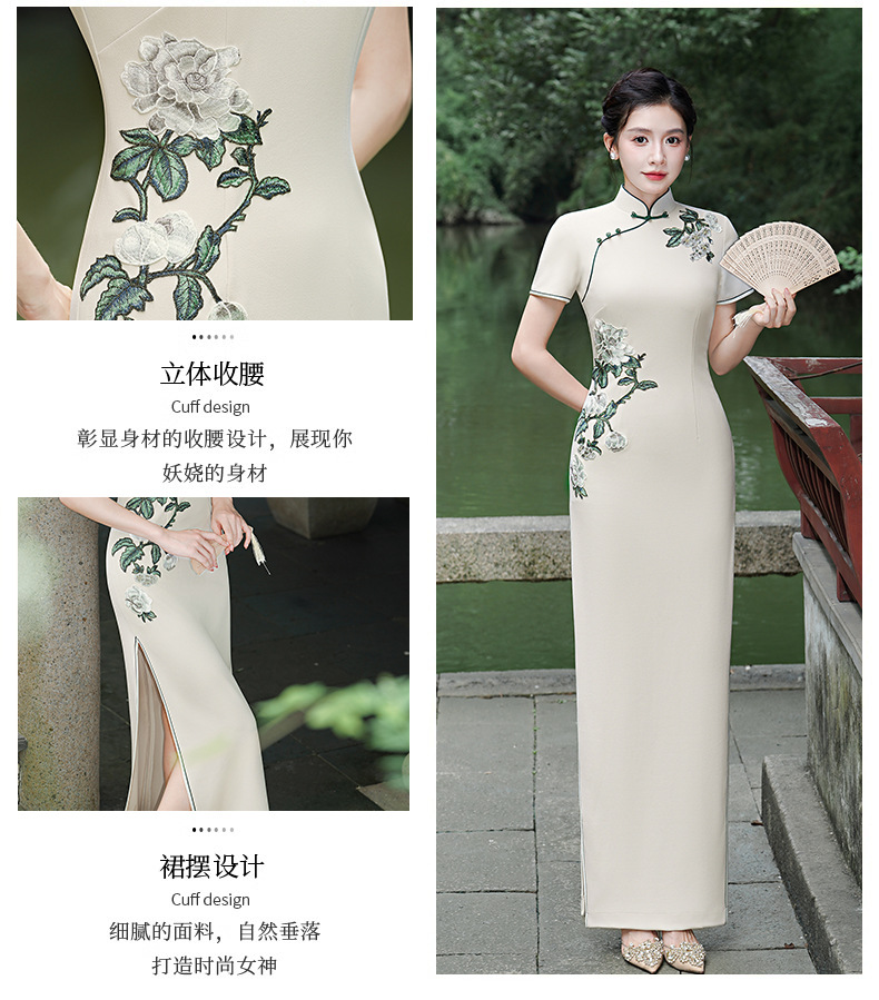 The new national trend cheongsam fashion show performance dress, short-sleeved slimming etiquette figure performance dress, is full of greenery pic 4