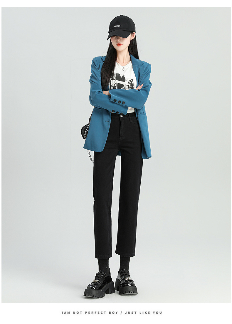 爆款超柔高腰小直筒牛仔裤女2024春季弹力黑色修身窄版烟管法棍裤详情9