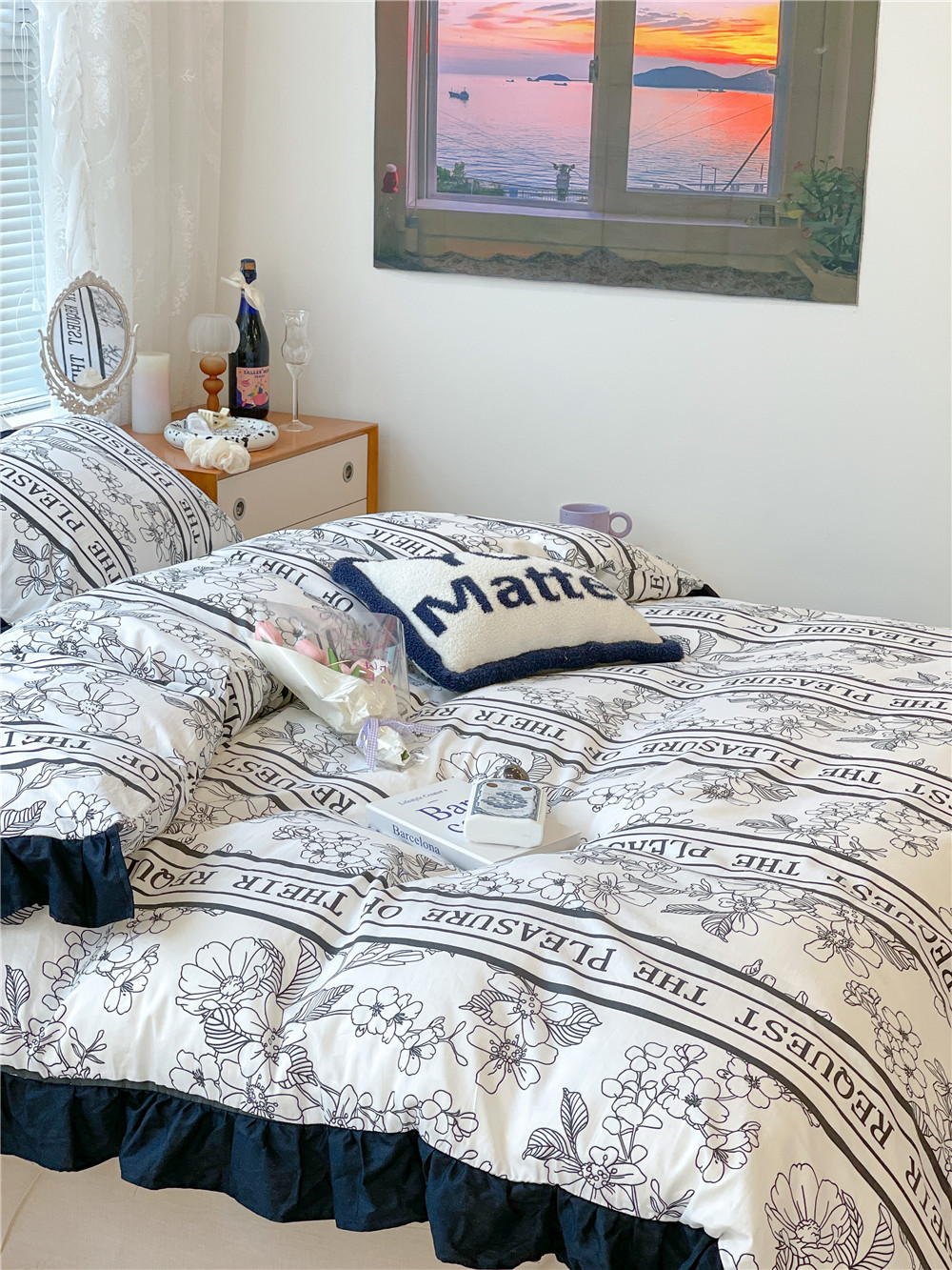 French Hepburn style pure cotton four-piece set, high-end feel, pure cotton black and white sketch flower duvet cover, all-cotton edge bedding pic 62