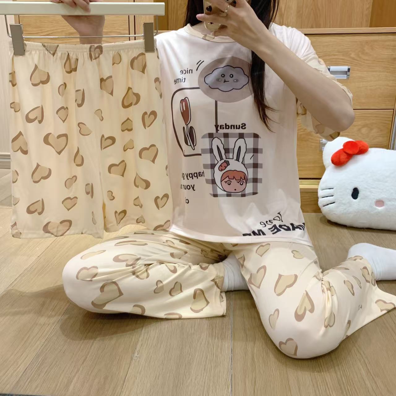 pajamas外贸工厂批发卡通夏季睡衣女短袖大码长裤三件套家居套装详情25