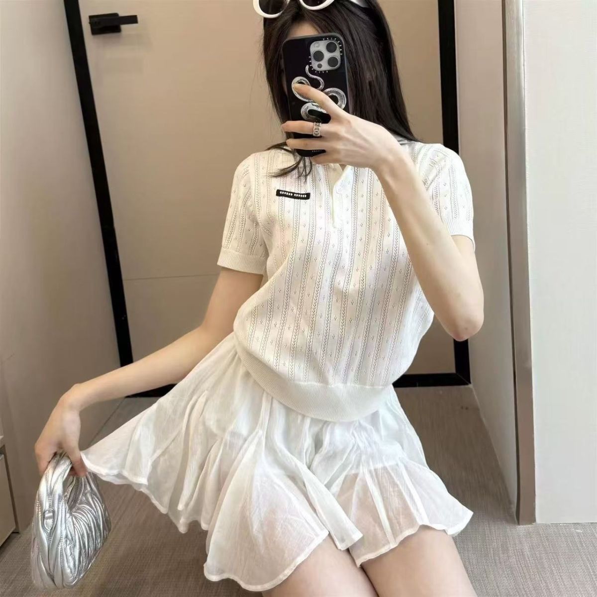 2025夏季新款女洋气减龄百搭韩系镂空Polo领镂空短袖针织衫上衣潮详情1