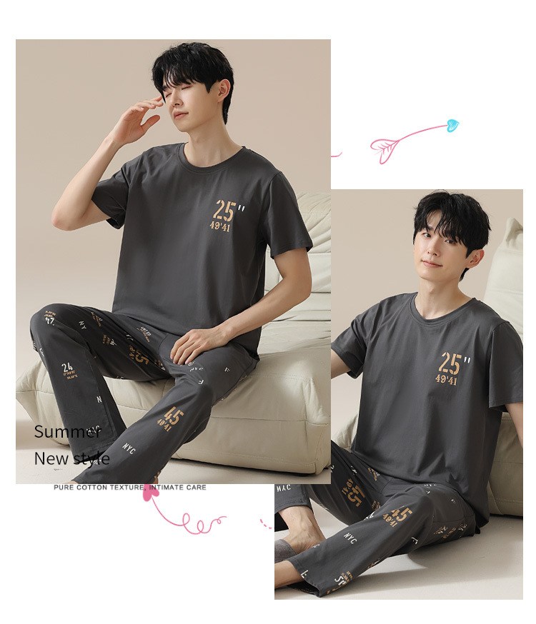 Summer pure cotton pajamas for men, cartoon casual short-sleeved shirts and long pants, pure cotton comfortable home wear, summer youth student set pic 152