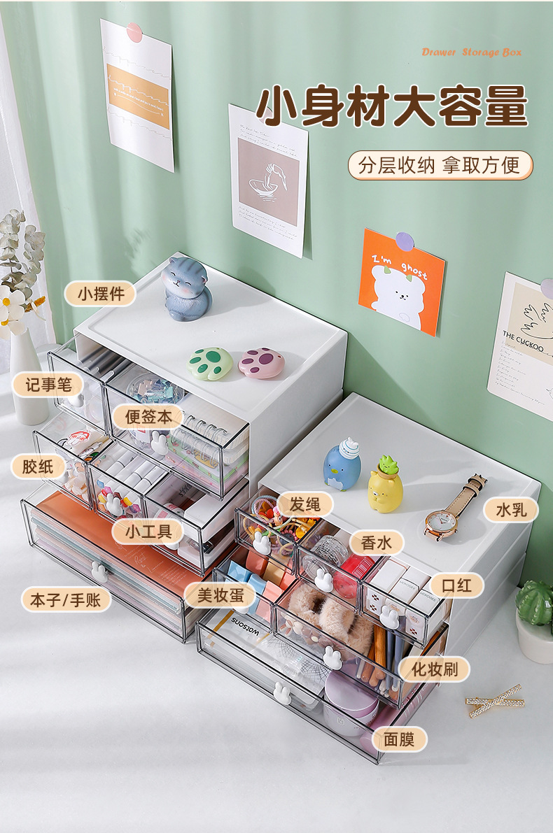 大容量抽屉式透明收纳盒多格桌面学生文具办公胶带储物盒子详情5