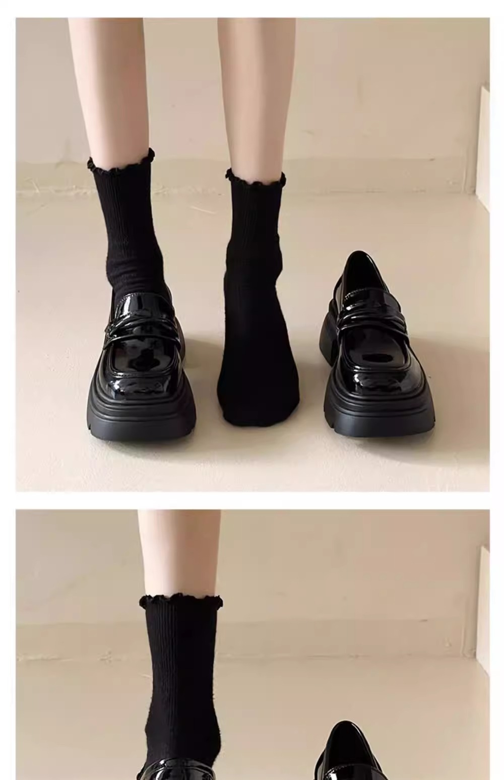 牛皮版~英伦风厚底真皮小皮鞋女复古黑色休闲松糕鞋一脚蹬乐福鞋详情2