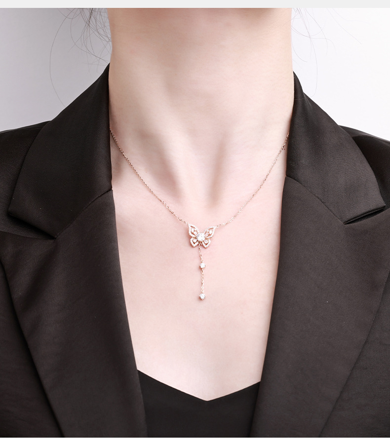 s925 sterling silver butterfly tassel Moissan collarbone chain, a niche and high-end, versatile accessory necklace, exuding a sense of sophistication for autumn and winter pic 11