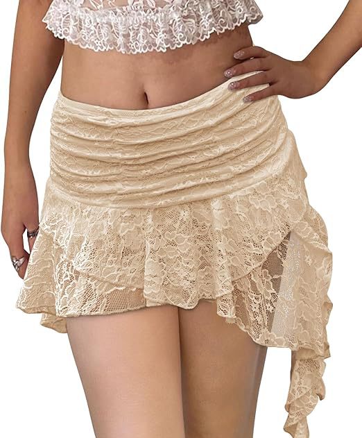 2026 Y2K Lace mini skirt, low-waisted pleated ruffled short skirt, layered flowing asymmetrical half skirt pic 12