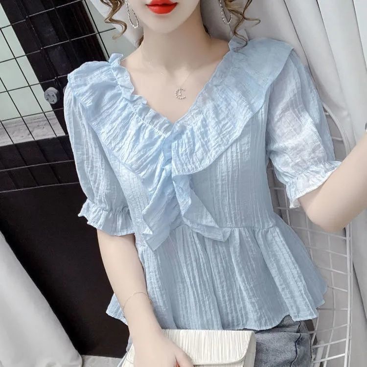 Summer new French V-neck bubble short-sleeved shirt for women, slimming, fashionable and elegant casual top for women chiffon pic 1