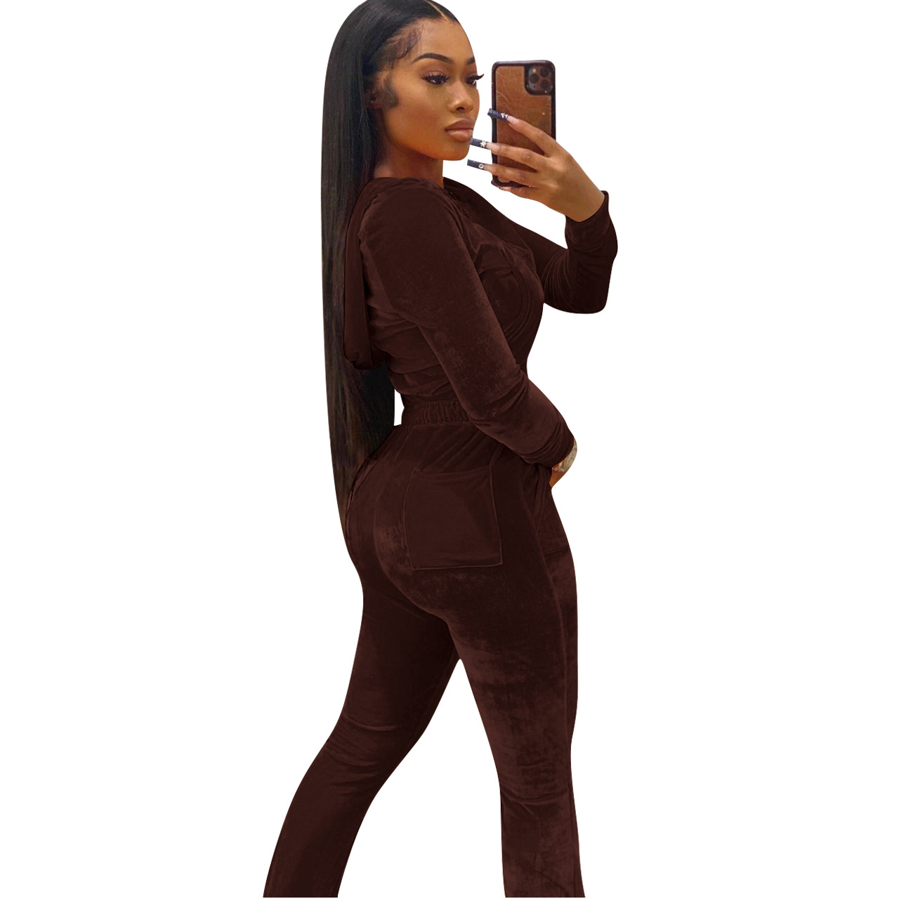 Solid color gold velvet wide-leg pants two-piece set pic 180