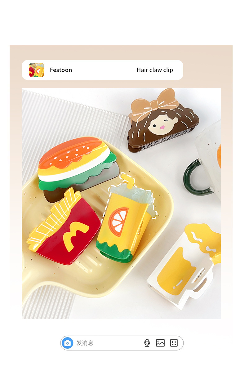 网红新款汉堡包抓夹醋酸发夹可爱夏日水果彩色卡通饰品鲨鱼夹批发详情2