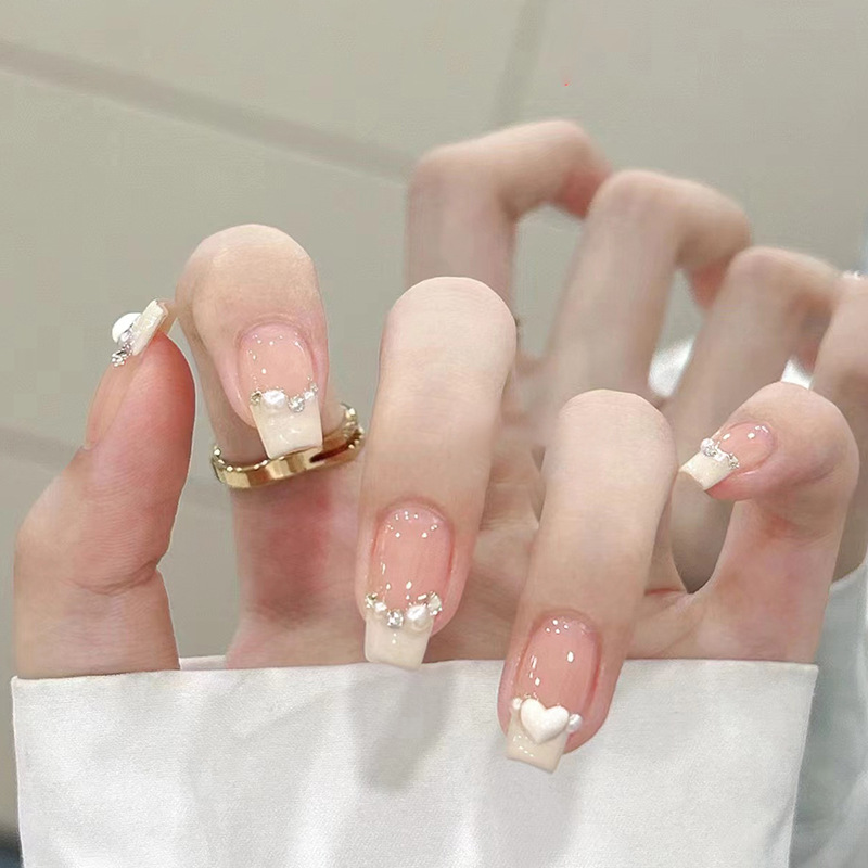 Short ballet white pearl sparkling cream yellow French cute girl false nail finished product wearable nail ins style pic 20