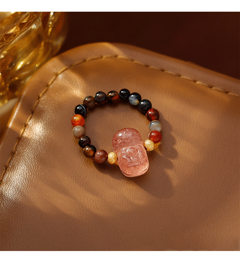 Hyacinth original design, handcrafted DIY tourmaline strawberry crystal PI Xiu ring, fashionable, light luxury, elegant and high-end beaded ring pic 7