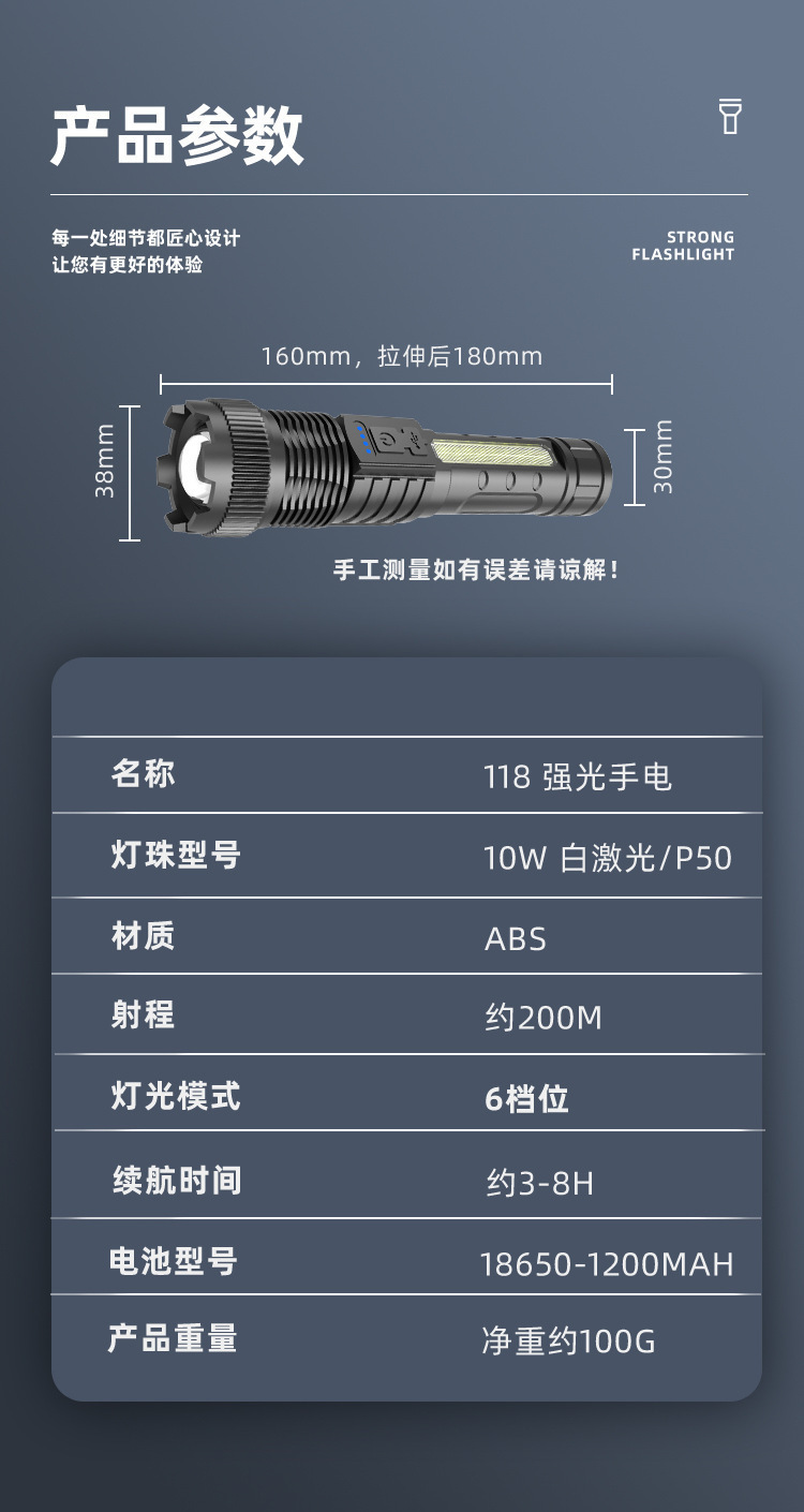 Cross-border multi-functional telescopic zoom electric display high-power strong light pen holder red and blue flashing warning tape side light flashlight pic 3