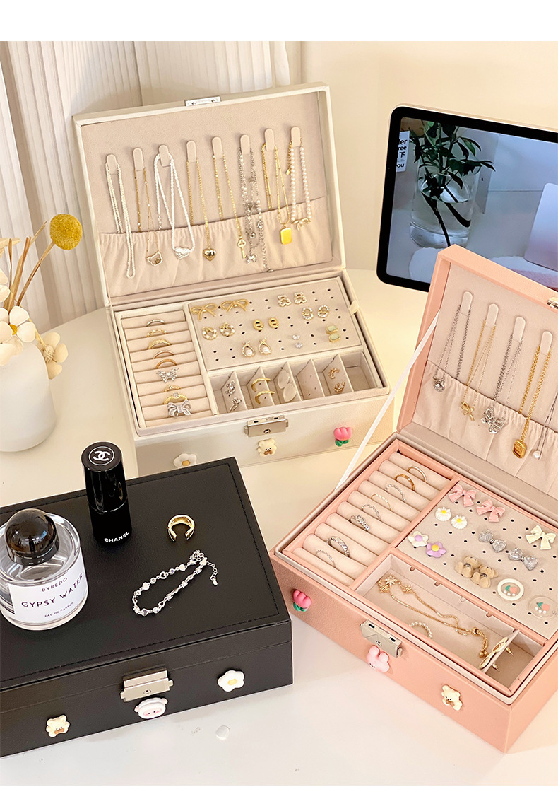 高端皮质双层首饰盒项链戒指珠宝耳钉耳环展示饰品收纳盒带锁详情7